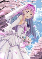 Rule 34 | 1girl, :d, absurdres, anchor symbol, blue hair, blue sky, blush, bouquet, breasts, bridal veil, cherry blossoms, cloud, colored inner hair, day, dress, elbow gloves, flower, gloves, highres, hololive, long hair, looking at viewer, medium breasts, minato aqua, miunakun, multicolored hair, open mouth, purple eyes, purple hair, sky, smile, solo, two-tone hair, veil, virtual youtuber, wedding dress