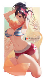 Rule 34 | 1girl, armpits, arms behind head, bikini, bikini top only, black hair, blue eyes, border, breasts, commentary, cropped legs, english commentary, eyewear on head, feet out of frame, fiora (league of legends), gradient background, highres, large breasts, league of legends, looking at viewer, multicolored background, multicolored hair, nanoless, navel, o-ring, o-ring top, orange scarf, palms, parted lips, pink hair, pink shorts, ponytail, scarf, short shorts, shorts, solo, stomach, striped bikini, striped clothes, sunglasses, swimsuit, white border