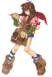 Rule 34 | 1girl, bag, braid, brown eyes, brown hair, full body, gadgeteer (wild arms xf), gloves, hair over shoulder, hairband, long hair, official art, overalls, puffy sleeves, sasaki tomomi, shoes, shorts, socks, solo, white background, wild arms, wild arms xf