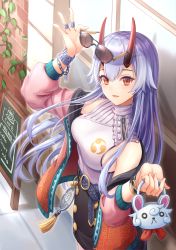 Rule 34 | 1girl, absurdres, belt, black skirt, blush, bracelet, breasts, cafe, chain, coin purse, commentary request, contemporary, unworn eyewear, fate/grand order, fate (series), hair between eyes, highres, holding, holding removed eyewear, horns, huge filesize, jacket, jewelry, long hair, looking at viewer, medium breasts, mitsudomoe (shape), multiple rings, oni horns, open clothes, open jacket, open mouth, red eyes, red horns, ring, shirt, sign, silver hair, skirt, sleeveless, sleeveless shirt, solo, star-ring, sunglasses, tomoe (symbol), tomoe gozen (fate), zipper