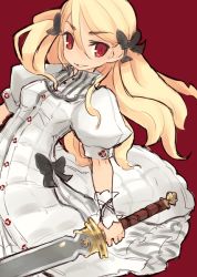 Rule 34 | 1girl, blonde hair, bow, female focus, hair bow, mota, original, red background, red eyes, simple background, solo, sword, thighs, weapon