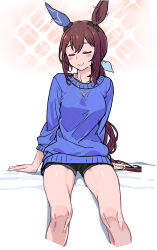 Rule 34 | 1girl, admire vega (umamusume), animal ears, blue sweater, brown hair, closed eyes, ear covers, feet out of frame, highres, horns, horse ears, horse girl, jewelry, low ponytail, necklace, single ear cover, single horn, sitting, smile, solo, sweater, umamusume, yaki apple