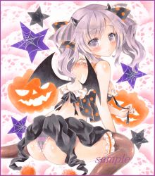 Rule 34 | 1girl, ass, backless outfit, bad id, bad pixiv id, blush, border, breasts, colored pencil (medium), crop top, demon wings, doily, frilled thighhighs, frills, gradient background, hair ribbon, halloween, horns, jack-o&#039;-lantern, light purple hair, looking at viewer, looking back, marker (medium), medium breasts, original, over-kneehighs, panties, potto, potto (minntochan), purple eyes, ribbon, sample watermark, sideboob, silk, sitting, skirt, smile, solo, spider web, star (symbol), striped clothes, striped panties, thighhighs, traditional media, two side up, underwear, wariza, watermark, wings