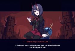 Rule 34 | 1girl, alternate costume, araimin, bob cut, commentary, crossover, cup, english commentary, english text, fangs, fate/grand order, fate (series), helltaker, highres, horns, oni, pale skin, parody, purple eyes, purple hair, sakazuki, short eyebrows, shuten douji (fate), skin-covered horns, smile, solo, style parody