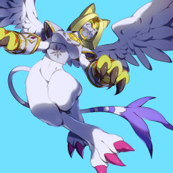 Rule 34 | 1girl, akeru, armor, breasts, cat, digimon, egyptian, female focus, furry, furry female, gloves, headpiece, highres, jewelry, mask, monster, monster girl, nefertimon, shoulder pads, solo, sphinx, tail, wings