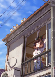 Rule 34 | 1girl, air conditioner, animal ears, arm up, bird, blouse, brown hair, cloud, commentary request, denim, denim shorts, closed eyes, highres, holding own arm, horse ears, horse girl, horse tail, navel, nice nature (umamusume), open window, power lines, red shirt, satellite dish, satomura kyou, shirt, short twintails, shorts, smile, solo, sparrow, standing, stretching, tail, twintails, umamusume, white shirt, window