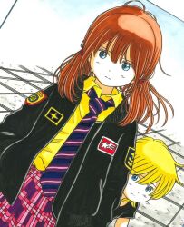 Rule 34 | 1boy, 1girl, black jacket, blonde hair, blue eyes, brown hair, closed mouth, collared shirt, diagonal-striped clothes, diagonal-striped necktie, dutch angle, emblem, jacket, looking at viewer, marker (medium), necktie, original, plaid, plaid skirt, purple necktie, retro artstyle, shirt, skirt, striped clothes, take (orion transport), tile floor, tiles, traditional media, twintails, yellow shirt