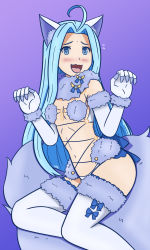 Rule 34 | animal ears, blue eyes, blue hair, blush, cosplay, fate/grand order, fate (series), flat chest, flying sweatdrops, granblue fantasy, highres, leud, leud de grace, long hair, lying, lyria (granblue fantasy), mash kyrielight, mash kyrielight (dangerous beast), mash kyrielight (dangerous beast) (cosplay), open mouth, revealing clothes, sweat, tail