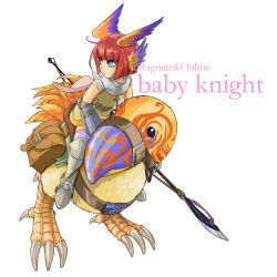 Rule 34 | 1girl, animal, armor, armored boots, bird, blue eyes, boots, breastplate, brown cape, cape, chainmail, character name, child, closed mouth, commentary request, copyright name, cross, fake wings, full body, head wings, holding, holding polearm, holding spear, holding weapon, kirimochi niwe, knight (ragnarok online), looking afar, multicolored wings, oversized animal, pauldrons, peco peco, polearm, pouch, purple thighhighs, ragnarok online, red eyes, short hair, shoulder armor, simple background, spear, thighhighs, weapon, white background, wings