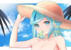Rule 34 | 1boy, blue eyes, blue hair, creatures (company), food, food in mouth, game freak, green hair, grusha (pokemon), hat, multicolored hair, nintendo, nude, out-of-frame censoring, pokemon, pokemon sv, popsicle, popsicle in mouth, solo, sun hat, takahara, trap