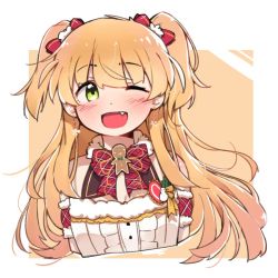 Rule 34 | 1girl, blonde hair, blush, bow, cropped torso, detached sleeves, dress, earrings, fang, gingerbread man, green eyes, hair between eyes, heart, idolmaster, idolmaster cinderella girls, jewelry, jougasaki rika, korean commentary, long hair, mg pong, one eye closed, open mouth, simple background, solo, two-tone background, two side up, upper body, very long hair