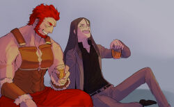 Rule 34 | 2boys, :d, ancient greek clothes, beard, cup, drunk, facial hair, fate/grand order, fate (series), feet out of frame, greco-roman clothes, highres, holding, holding cup, iskandar (fate), large pectorals, laughing, long hair, lord el-melloi ii, male focus, mature male, multiple boys, muscular, muscular male, open mouth, pectoral cleavage, pectorals, red eyes, red hair, shababuru, short hair, side-by-side, sidepec, sitting, smile, waver velvet