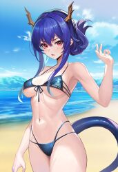 Rule 34 | 1girl, arknights, bare arms, bare shoulders, beach, bikini, black bikini, blue hair, blue sky, breasts, ch&#039;en (arknights), ch&#039;en the holungday (arknights), cloud, commentary request, cowboy shot, day, dragon horns, dragon tail, folded ponytail, front-tie bikini top, front-tie top, groin, hair between eyes, highres, horns, large breasts, long hair, looking at viewer, navel, ocean, onyxia (lichviper), open mouth, red eyes, sky, solo, standing, stomach, swimsuit, tail, thighs, water