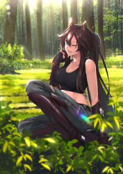 Rule 34 | 1girl, absurdres, animal ears, arknights, boots, breasts, brown hair, collarbone, commentary request, elbow gloves, forest, full body, gloves, grass, green eyes, hair between eyes, hand up, highres, long hair, medium breasts, meteor (arknights), midriff, nature, one eye closed, open mouth, outdoors, pants, plant, ponytail, shijie jianfa, sitting, solo, sunlight, tank top, thigh boots, thighhighs, torn clothes, torn pants, tree, very long hair