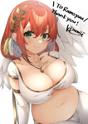 Rule 34 | 1girl, blush, breasts, cleavage, collarbone, commentary, commission, detached sleeves, dot nose, feathered wings, feathers, gold trim, green eyes, hair ornament, highres, izumi kei, jewelry, looking at viewer, looking to the side, necklace, orange hair, original, short sleeves, sierra (ramzyuu), skeb commission, solo, torn clothes, wings