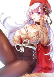 Rule 34 | 1girl, aran sweater, azur lane, bare shoulders, beige sweater, belfast (azur lane), belfast (shopping with the head maid) (azur lane), belt, beret, between breasts, black belt, black bow, black choker, black skirt, bow, breasts, brown pantyhose, cable knit, choker, cleavage, collarbone, commentary request, cowboy shot, earrings, food, food in mouth, hair bow, hands up, hat, highres, hoop earrings, jewelry, kasumi komo, large breasts, leg up, long hair, long sleeves, looking at viewer, miniskirt, mouth hold, off-shoulder sweater, off shoulder, panties, panties under pantyhose, pantyhose, pantyshot, pencil skirt, pocky, purple eyes, red hat, sash, side slit, silver hair, simple background, sitting, skirt, solo, sweater, thighs, underwear, white background, white panties, white sash