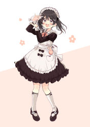 Rule 34 | 1girl, :d, absurdres, apron, arm up, black dress, black footwear, black hair, blush, brown background, dress, floral background, food, food on face, frilled apron, frilled dress, frills, full body, grey eyes, hair between eyes, hair ornament, hand up, highres, holding, juliet sleeves, long hair, long sleeves, looking at viewer, maid, maid headdress, mary janes, open mouth, pastry bag, puffy sleeves, sakura oriko, shoes, smile, socks, solo, swing!!, twintails, two-tone background, white apron, white background, white socks, x hair ornament