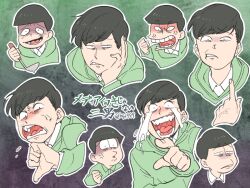 Rule 34 | anger vein, clenched hand, clenched teeth, evil smile, frown, gesugao, green hoodie, holding, holding ladle, hood, hoodie, index finger raised, ladle, laughing, matsuno choromatsu, multiple views, osomatsu-san, osomatsu (series), pointing, shaded face, shouting, smile, sneer, tamago toji, teeth, thumbs down