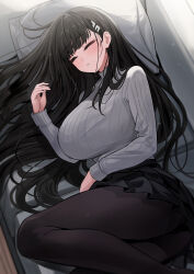 Rule 34 | 1girl, absurdres, black hair, black pantyhose, black skirt, blue archive, blush, breasts, closed eyes, couch, hair ornament, hairclip, highres, large breasts, long hair, long sleeves, lying, on side, pantyhose, pleated skirt, ribbed sweater, rio (blue archive), skirt, sleeping, solo, sweater, thighs, turtleneck, turtleneck sweater, white sweater, yuki (asayuki101)