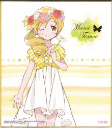 Rule 34 | 1girl, 2016, ;), alternate costume, alternate hairstyle, aniplex, arm at side, artist request, bare arms, bare legs, beige background, blonde hair, blush, bow, bowtie, breasts, bug, butterfly, character name, closed mouth, copyright name, daisy, dot nose, dress, drill hair, flower, hair between eyes, hair flower, hair ornament, hair ribbon, head wreath, highres, holding, holding flower, insect, knee blush, legs together, long dress, looking at viewer, lotus, mahou shoujo madoka magica, mahou shoujo madoka magica (anime), medium breasts, official art, one eye closed, pink flower, plaid, plaid dress, plaid ribbon, polka dot, polka dot background, puffy short sleeves, puffy sleeves, purple flower, red flower, red rose, ribbon, rose, short sleeves, simple background, smile, solo, standing, striped, striped background, tomoe mami, white background, white flower, yellow bow, yellow bowtie, yellow dress, yellow eyes, yellow flower, yellow theme