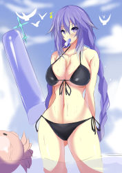 Rule 34 | 10s, 1girl, absurdres, bad id, bad pixiv id, bikini, bird, blush, braid, breasts, cleavage, curvy, female focus, food, gradient background, highres, huge breasts, ill (0022), long hair, looking at viewer, neptune (neptunia), neptune (series), ocean, open mouth, popsicle, purple eyes, purple hair, purple heart (neptunia), seagull, solo, swimsuit, twin braids, very long hair, wide hips