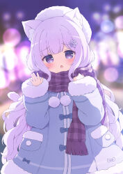 Rule 34 | 1girl, :o, animal ears, blue coat, blurry, blurry background, bow, cat ears, coat, enpera, fang, fur-trimmed coat, fur-trimmed sleeves, fur trim, hair ornament, hat, highres, long hair, looking at viewer, open mouth, original, plaid, plaid scarf, purple eyes, purple hair, purple scarf, scarf, snowflake hair ornament, tyakomes, upper body, waving, winter clothes, winter coat