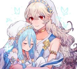 Rule 34 | 2girls, aged down, aqua hair, azura (fire emblem), bug, butterfly, closed eyes, closed mouth, corrin (female) (fire emblem), corrin (fire emblem), fire emblem, fire emblem fates, fire emblem heroes, insect, long hair, multiple girls, nintendo, pointy ears, red eyes, shourou kanna, simple background, sleeping, smile, veil, white background, white hair