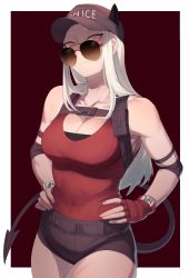 1girl, absurdres, aviator sunglasses, bare shoulders, black horns, black shorts, blind, border, breasts, brown-tinted eyewear, cleavage, closed mouth, collarbone, cowboy shot, demon girl, demon horns, demon tail, fingerless gloves, gloves, hands on hips, hat, helltaker, highres, horns, jdw, justice (helltaker), large breasts, long hair, looking at viewer, looking over eyewear, looking over glasses, muscular, muscular female, police, police hat, police uniform, policewoman, red background, red gloves, red shirt, round eyewear, shirt, shirt tucked in, short shorts, shorts, silver hair, smile, solo, sunglasses, tail, tank top, tinted eyewear, uniform, white border, white hair