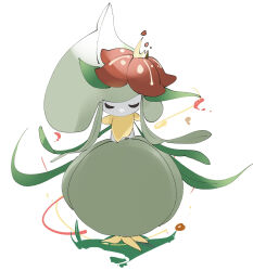 Rule 34 | 1girl, closed eyes, colored skin, creatures (company), crown, facing viewer, female focus, flat chest, flower, full body, game freak, gen 5 pokemon, grass, green hair, green skin, hair flower, hair ornament, highres, lilligant, long hair, mini crown, monster girl, multicolored skin, nintendo, no mouth, plant girl, pokemon, pokemon (creature), red flower, sidelocks, simple background, solo, standing, straight-on, two-tone skin, u u, white background, white skin, wind, yellow headwear, zen (koko)