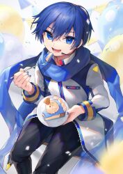 Rule 34 | 1boy, balloon, black pants, blue eyes, blue hair, blue nails, blue scarf, cake, cake slice, chair, commentary request, confetti, fingernails, floor, food, fork, gunjou row, hair between eyes, highres, holding, holding fork, holding plate, jacket, kaito (vocaloid), long sleeves, male focus, mandarin collar, open mouth, pants, plate, scarf, short hair, simple background, sitting, smile, solo, teeth, throat microphone, tongue, vocaloid, wall, white background, white jacket