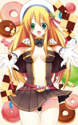 Rule 34 | 1girl, belt, black bow, black bowtie, blonde hair, blush, bow, bowtie, breasts, breasts apart, brown dress, candy, cape, checkerboard cookie, chocolate doughnut, comiket 84, commentary request, cookie, cowboy shot, creator (ragnarok online), doughnut, dress, flower, food, gloves, gluteal fold, green eyes, green flower, hair between eyes, hat, hat flower, leaf hat ornament, long hair, looking at viewer, macaron, medium breasts, miya (chocolate holic), navel, open mouth, panties, pantyshot, pink flower, pink panties, plunging neckline, ragnarok online, reaching, reaching towards viewer, red belt, red cape, short dress, smile, solo, strapless, strapless dress, striped clothes, striped panties, tam (ragnarok online), underwear, white gloves, white hat, white panties, wrapped candy