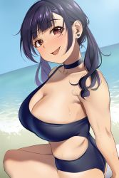 Rule 34 | 1girl, black hair, black one-piece swimsuit, blue sky, breasts, brown eyes, casual one-piece swimsuit, choker, cleavage, cloud, commentary request, cowboy shot, day, fang, highres, horizon, igarashi kyouhei, large breasts, long hair, looking at viewer, mole, mole under eye, ocean, one-piece swimsuit, open mouth, original, outdoors, sitting, sky, smile, solo, swimsuit, twintails, younger cousin (igarashi kyouhei)