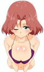 Rule 34 | 1girl, azumi (girls und panzer), bikini, bikini top only, breasts, brown hair, cleavage, female focus, from above, girls und panzer, green eyes, highres, large breasts, looking at viewer, navel, one eye closed, short hair, solo, swimsuit, umeta shirisuke
