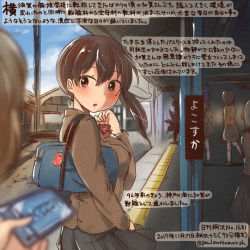 Rule 34 | 5girls, 6+girls, alternate costume, azur lane, brown eyes, brown hair, colored pencil (medium), commentary request, crossover, dated, historical name connection, kaga (kancolle), kantai collection, kirisawa juuzou, long hair, long sleeves, multiple girls, name connection, numbered, school uniform, short hair, side ponytail, traditional media, translation request, twitter username, white legwear