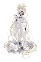 Rule 34 | 1girl, absurdly long hair, absurdres, black choker, black footwear, black ribbon, blonde hair, brooch, choker, collared shirt, creature, expressionless, full body, grass, hair rings, highres, holding, holding creature, jewelry, long hair, long sleeves, looking at viewer, msa (fary white), neck ribbon, original, purple eyes, ribbon, shirt, shorts, simple background, slit pupils, solo, thigh strap, thighhighs, very long hair, white background, white shirt, white shorts, white thighhighs