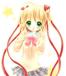 Rule 34 | 1girl, bad id, blonde hair, bow, green eyes, kamikita komari, kotori (chilly sky), little busters!, mouth hold, pink bow, pocky, school uniform, short hair, solo