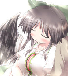Rule 34 | 1girl, baerun, blush, bow, breasts, brown hair, cape, female focus, hair bow, head on another&#039;s shoulder, large breasts, long hair, open mouth, reiuji utsuho, sleeping, sleeping upright, third eye, touhou, wings