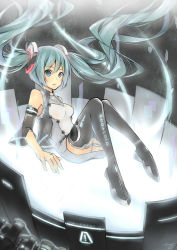 Rule 34 | 1girl, absurdres, aqua eyes, aqua hair, bare shoulders, boots, detached sleeves, fhang, hatsune miku, highres, long hair, open mouth, sitting, solo, thigh boots, thighhighs, twintails, very long hair, vocaloid, zettai ryouiki