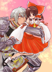 Rule 34 | 00s, 1boy, 1girl, blush, bow, brown eyes, brown hair, buront, couple, crossover, detached sleeves, elf, elvaan, final fantasy, final fantasy xi, hakurei reimu, height difference, hetero, japanese clothes, miko, momo&amp;a, pointy ears, red eyes, short hair, silver hair, size difference, the iron of yin and yang, touhou