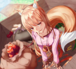 Rule 34 | 1girl, absurdres, animal ears, apple, bag, blurry, blurry background, breasts, cart, commentary request, day, depth of field, dos (ehgns007kr), fang, food, fruit, highres, holo, long hair, long sleeves, looking at viewer, open mouth, orange hair, outdoors, pouch, red eyes, revision, smile, solo, spice and wolf, tail, very long hair, wheat, wolf ears, wolf girl, wolf tail
