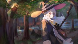 Rule 34 | 1girl, anatom orange, ascot, bad id, bad pixiv id, bag, blue eyes, broom, elaina (majo no tabitabi), forest, hat, hat ribbon, highres, holding, holding broom, long hair, long sleeves, majo no tabitabi, nature, open clothes, open robe, outdoors, ribbon, robe, shirt, solo, stream, tree, white hair, white shirt, wind, witch hat, yellow ascot