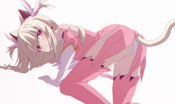 Rule 34 | 1girl, all fours, animal ears, ass, bad id, bad pixiv id, bare shoulders, blush, cat ears, cat girl, cat tail, commentary request, detached sleeves, dress, dutch angle, earrings, elbow gloves, fate/kaleid liner prisma illya, fate (series), feather hair ornament, feathers, feet out of frame, gloves, hair between eyes, hair ornament, illyasviel von einzbern, jewelry, kemonomimi mode, light brown hair, long hair, long sleeves, looking at viewer, looking back, magical girl, oueo, panties, parted lips, pink dress, pink feathers, pink sleeves, pink thighhighs, prisma illya, red eyes, simple background, sleeveless, sleeveless dress, solo, tail, thighhighs, two side up, underwear, white background, white gloves, white panties