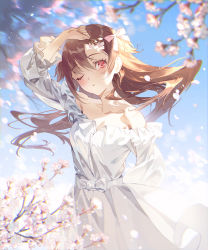 Rule 34 | 1girl, arm behind back, arm up, bare shoulders, blush, brown hair, cherry blossoms, dress, fajyobore, female focus, hair between eyes, highres, holding, long hair, looking at viewer, one eye closed, original, red eyes, solo, white dress