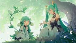 Rule 34 | 2girls, :d, ahoge, aqua hair, bug, butterfly, character request, closed eyes, commentary request, detached sleeves, dress, frilled sleeves, frills, grass, hand on own chest, hatsune miku, insect, long hair, long sleeves, looking at another, masterwork apocalypse, mimengfeixue, multiple girls, open mouth, orange eyes, outdoors, shirt, sidelocks, sitting, smile, tree, twintails, very long hair, vocaloid, white dress, white shirt, wide sleeves