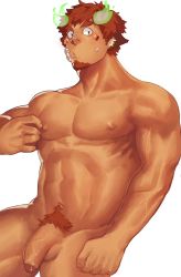 Rule 34 | 1boy, :o, abs, alternate pectoral size, animal ears, bad id, bad twitter id, bara, blush, brown eyes, brown hair, completely nude, cow boy, cow ears, cow horns, dark-skinned male, dark skin, facial hair, feet out of frame, fiery horns, flaccid, foreskin, forked eyebrows, glowing horns, goatee, highres, horns, large pectorals, looking at viewer, male focus, male pubic hair, mature male, navel, navel hair, nipple stimulation, nipple tweak, nipples, nude, pectorals, penis, pubic hair, short hair, sideburns, solo, spiked hair, stomach, sweatdrop, thick eyebrows, thick thighs, thighs, tokyo houkago summoners, toned, toned male, ttn (239 239), tweaking own nipple, uncensored, veins, veiny penis, wakan tanka