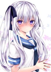 Rule 34 | 1girl, bad id, bad pixiv id, black bow, black neckerchief, blue sailor collar, blush, bow, bug, butterfly, closed mouth, commentary request, hair between eyes, hair bow, insect, long hair, looking at viewer, nanase nao, neckerchief, original, purple eyes, sailor collar, school uniform, serafuku, shirt, short sleeves, silver hair, simple background, solo, steepled fingers, twintails, upper body, white background, white shirt