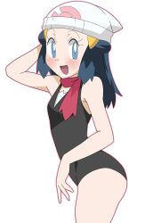 Rule 34 | 1girl, absurdres, adapted costume, artist request, ass, bare legs, bare shoulders, black leotard, blue eyes, blue hair, blush, breasts, creatures (company), dawn (pokemon), game freak, highres, leotard, long hair, naughty face, nintendo, open mouth, pokemon, pokemon dppt, red scarf, scarf, simple background, small breasts, solo, white background, white headwear, wide hips