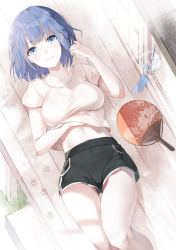 Rule 34 | 1girl, bad id, bad pixiv id, black shorts, blue eyes, blue hair, blush, breasts, collarbone, dolphin shorts, emyo, feet out of frame, from above, twirling hair, hand fan, hand on own stomach, knee up, looking at viewer, lying, medium breasts, midriff, mole, mole under eye, on back, original, paper fan, paw print, shirt, short hair, short shorts, short sleeves, shorts, smile, solo, t-shirt, uchiwa, upshorts, wind chime, wooden floor