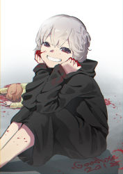 Rule 34 | 1girl, 2018, black robe, blood, blood on face, blood on hands, brown eyes, completely nude, corpse, death, false smile, feet out of frame, goodbye, grey hair, grin, head tilt, highres, long sleeves, looking at viewer, nude, original, robe, sitting, smile, solo focus, taiga (ryukyu-6102-8)