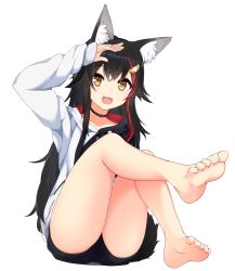 Rule 34 | 1girl, :3, :d, absurdres, animal ear fluff, animal ears, bare legs, barefoot, black hair, feet, foot focus, foreshortening, full body, highres, hololive, hood, hood down, hoodie, long hair, ookami mio, ookami mio (casual), open mouth, orange eyes, otaku heishi, red hair, shorts, sleeves past wrists, smile, tail, thighs, virtual youtuber, wolf ears, wolf tail